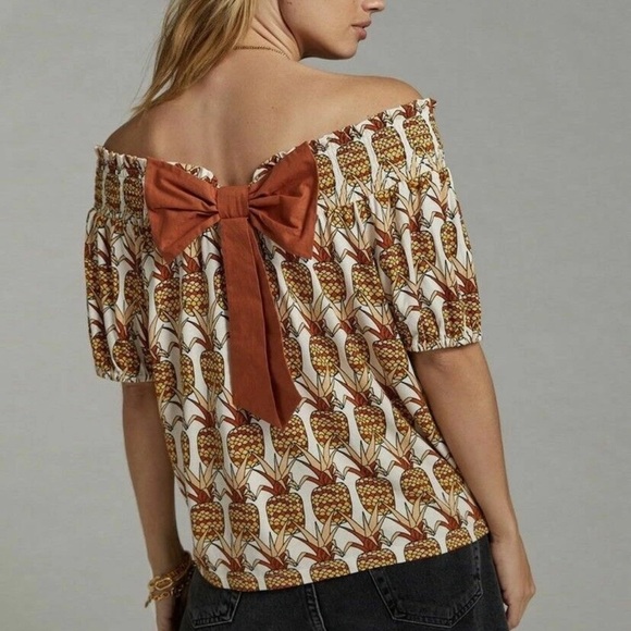 Anthropologie Tops - Anthropologie Porridge Off-Shoulder Pineapple Print Top with Rust Bow